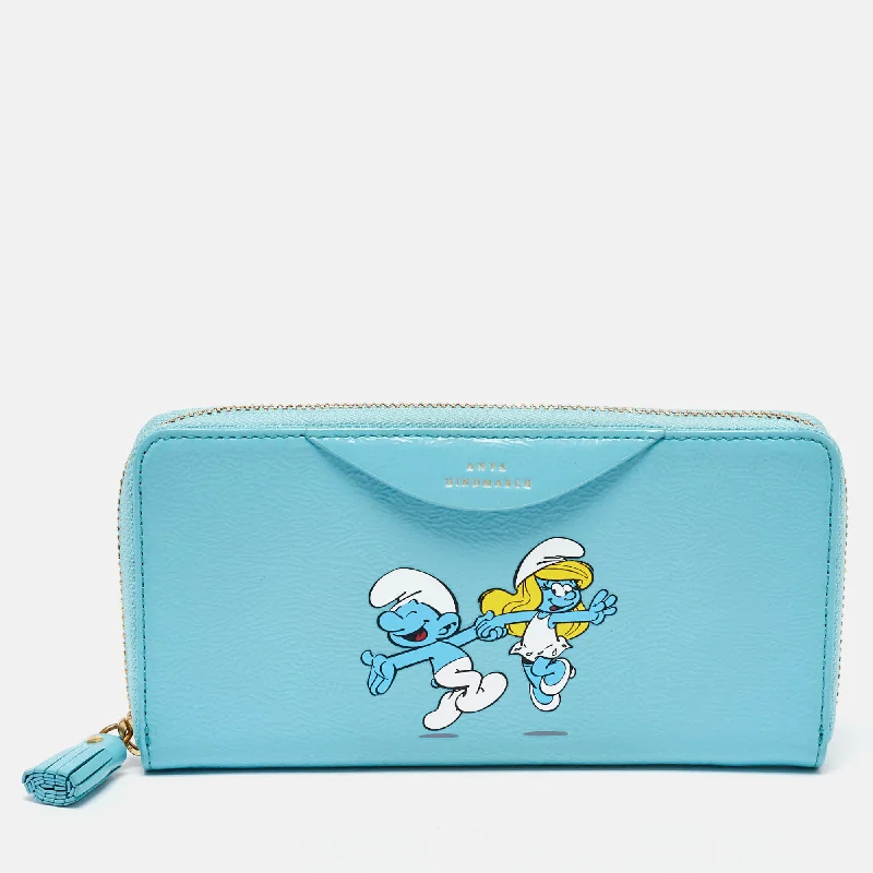 wallets with leather appeal-Anya Hindmarch Turquoise Blue Patent Leather Smurfs Zip Around Wallet