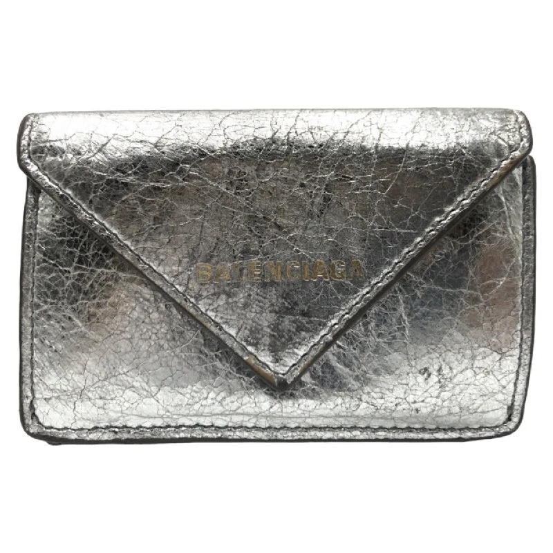 keychains with leather texture-Balenciaga Silver Leather Tri-Fold Wallet