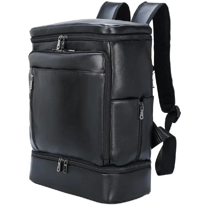 Backpacks for outdoor festivals-Black Waterproof Genuine Leather Travel Backpack