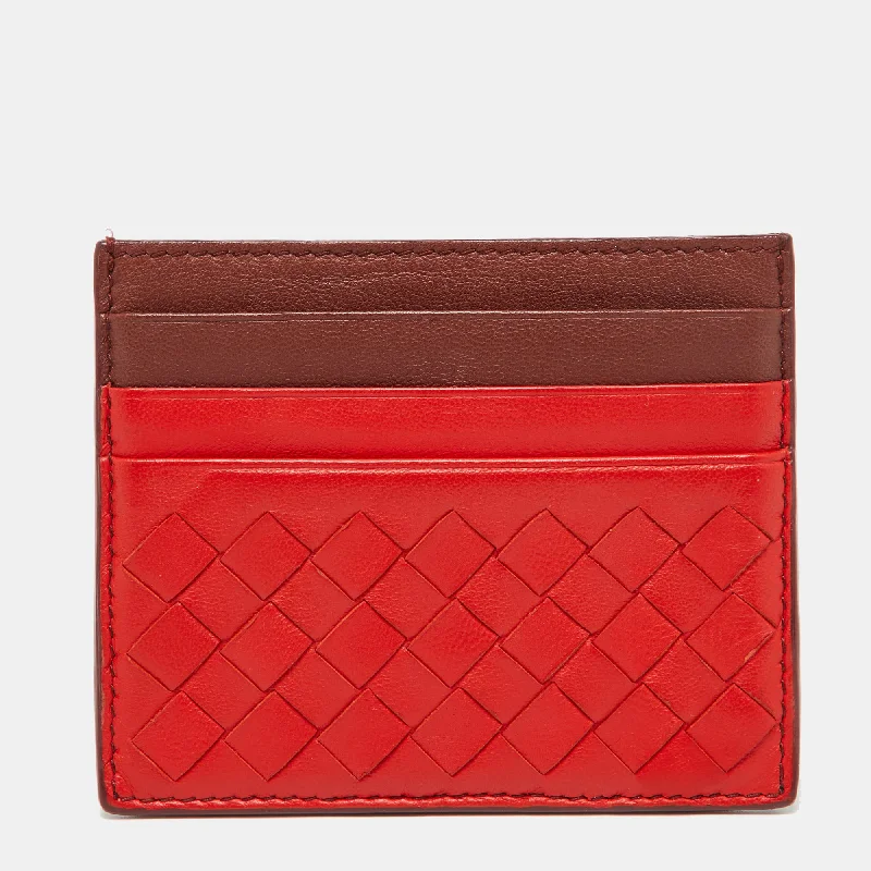 keychains for kids-Bottega Veneta Orange/burgundy Intrecciato Leather Card Holder