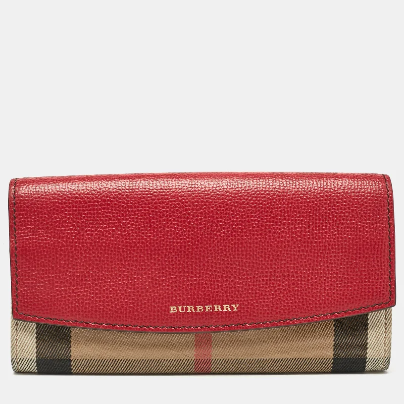 wallets with RFID protection-Burberry Beige/red House Check Fabric And Leather Flap Continental Wallet