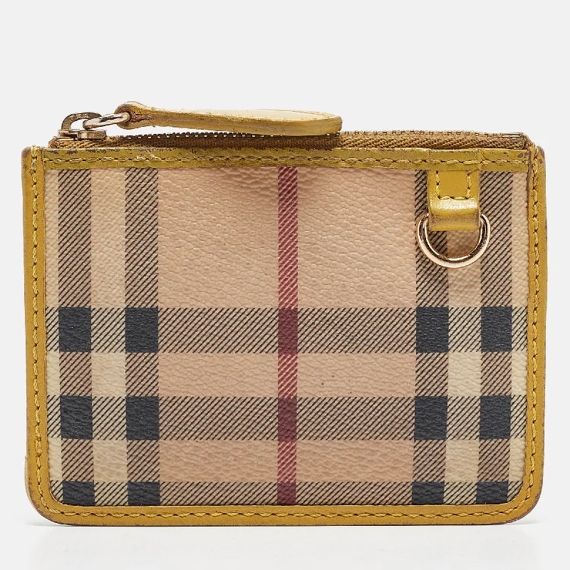 slim wallets for everyday use-Burberry Beige/yellow House Check Pvc And Leather Zip Card Holder