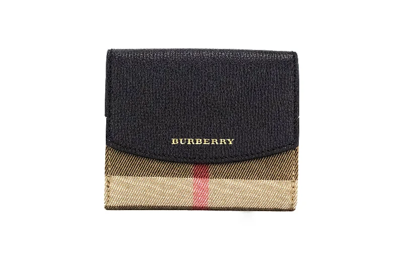 keychains with functional tools-Burberry Luna  Grained Leather House Check Canvas Coin Pouch Snap Women's Wallet