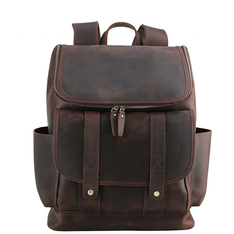 Backpacks with side zippers-Business Vintage Laptop Leather Backpack