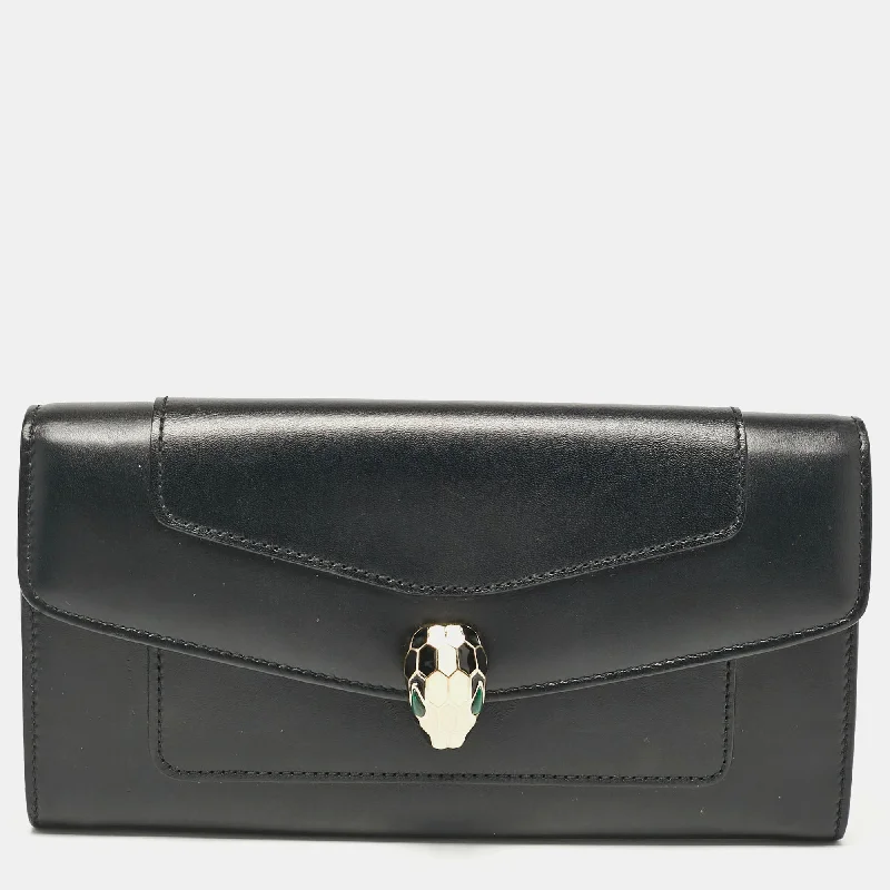 keychains with sleek finish-Bvlgari Black Leather Serpenti Forever Continental Wallet