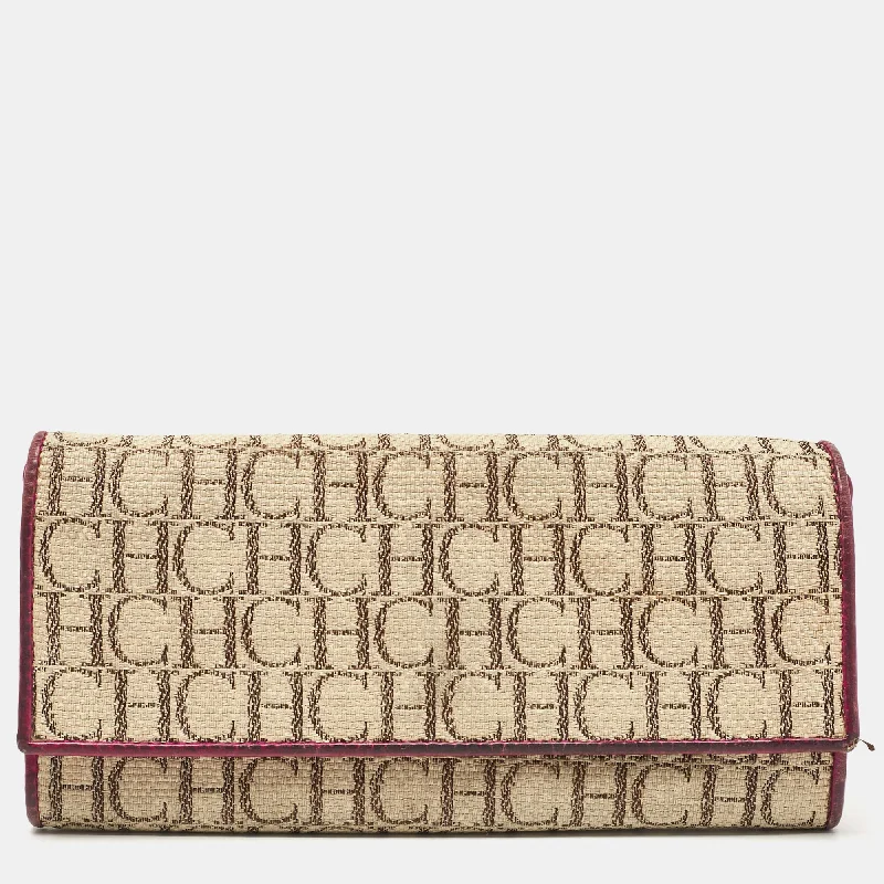 vintage wallets for sale-Carolina Herrera Beige Monogram Canvas And Leather Flap Continental Wallet