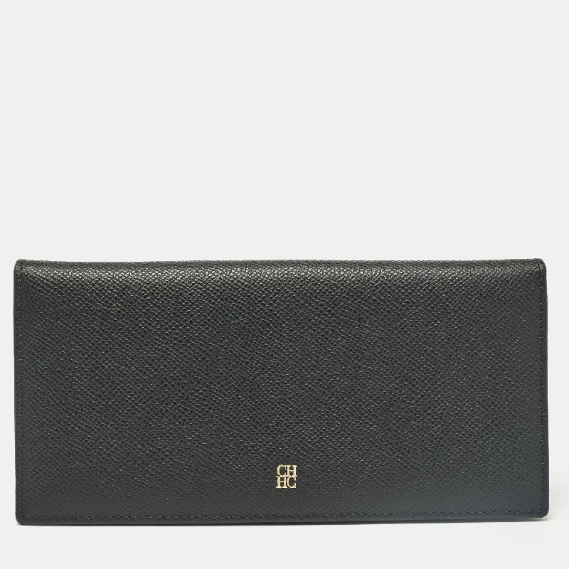 wallets with durable style-Carolina Herrera Black Leather Bifold Long Wallet