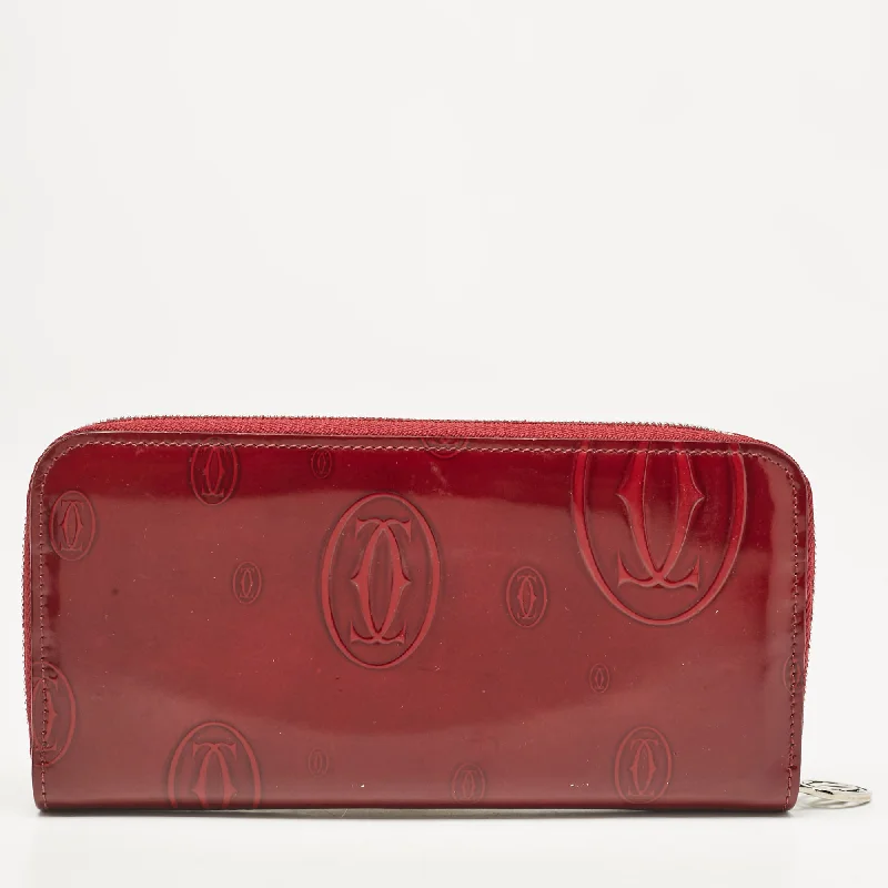 wallets with anti-theft features-Cartier Burgundy Patent Leather Happy Birthday Zip Around Wallet