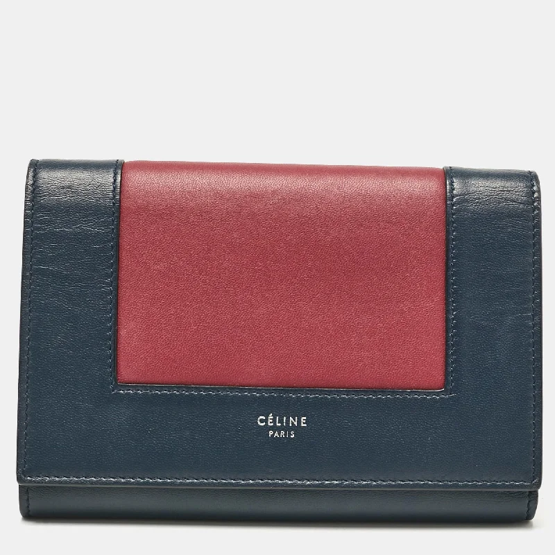 keychains with leather finish-Celine Navy Blue/burgundy Leather Frame Trifold Wallet