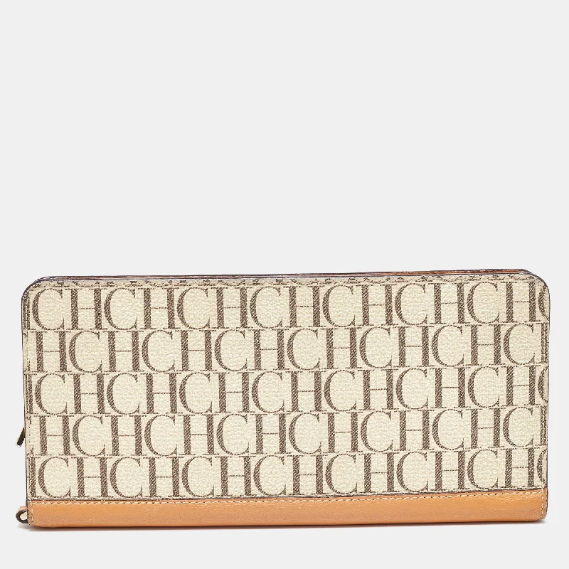 wallets for everyday carry-Ch Carolina Herrera Beige/tan Signature Coated Canvas And Leather Wallet