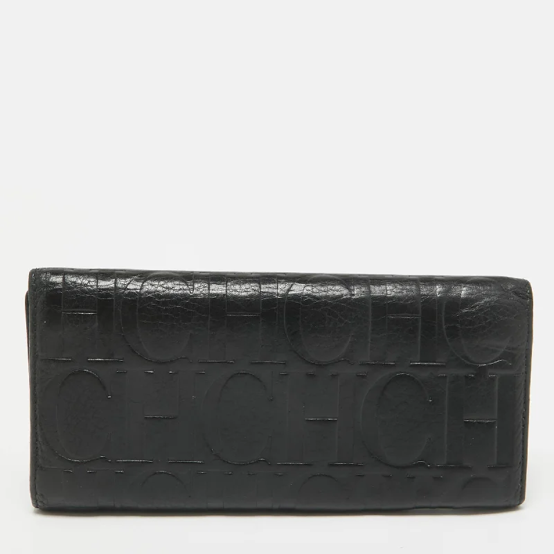 wallets for small finish-Ch Carolina Herrera Black Monogram Embossed Leather Trifold Continental Wallet