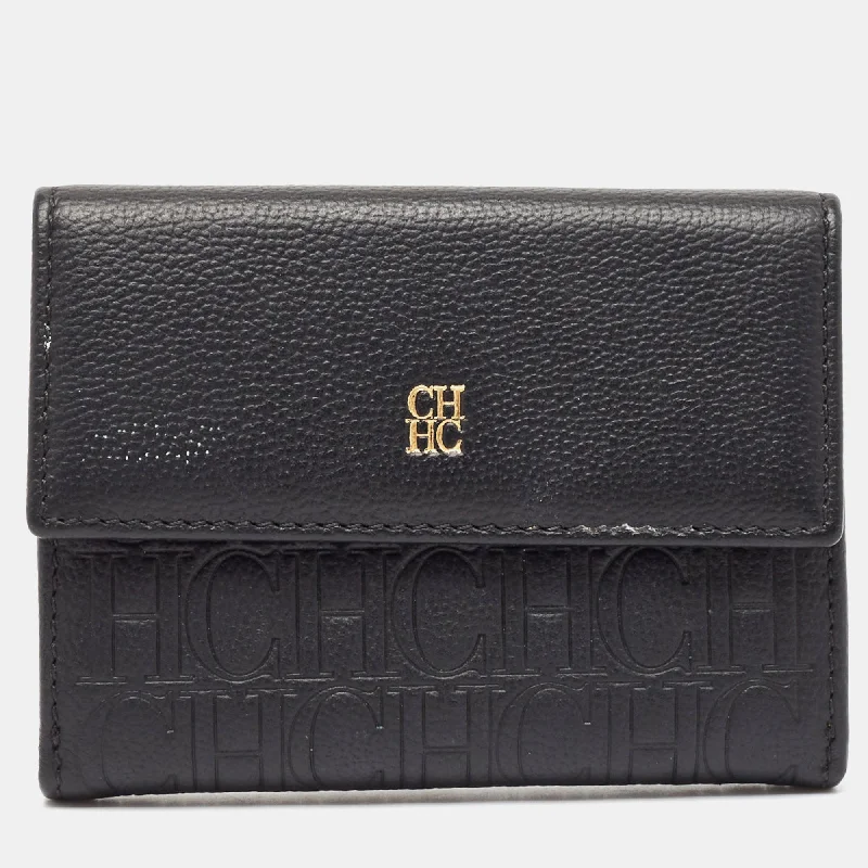 wallets with slim style-Ch Carolina Herrera Black Monogram Leather Compact Wallet