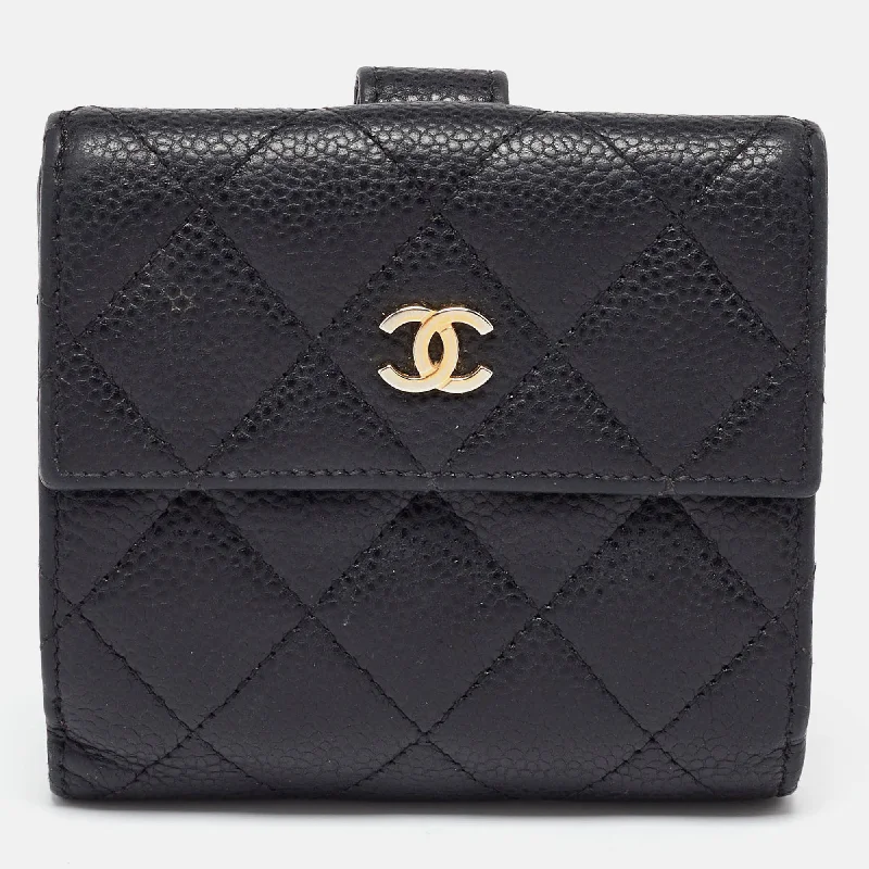 keychains for key chains-Chanel Black Quilted Caviar Leather Cc Compact Wallet