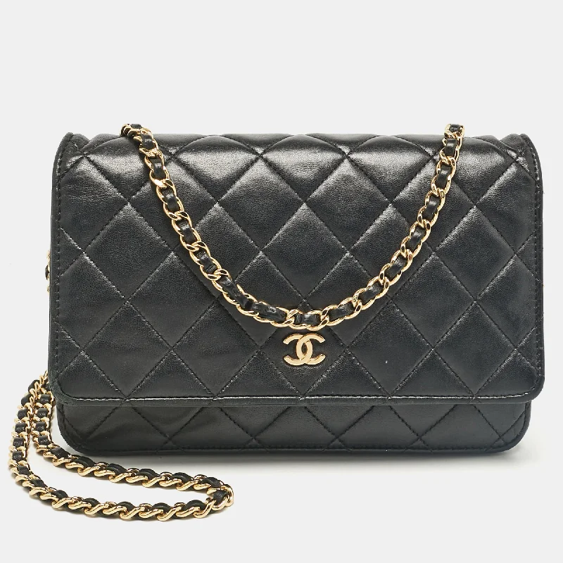 keychains with metal frame-Chanel Black Quilted Leather Classic Wallet On Chain