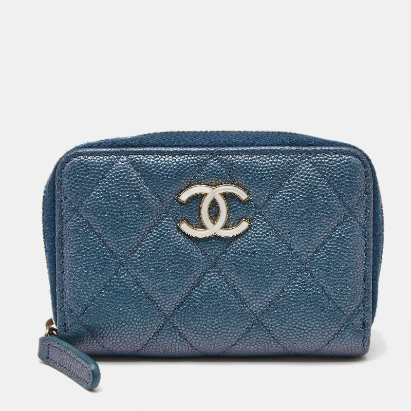 keychains for travel texture-Chanel Blue Quilted Shimmer Caviar Leather Classic Zipped Coin Purse