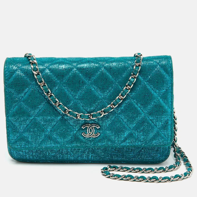 wallets with trendy appeal-Chanel Metallic Turquoise Blue Suede Quilted Cc Wallet On Chain