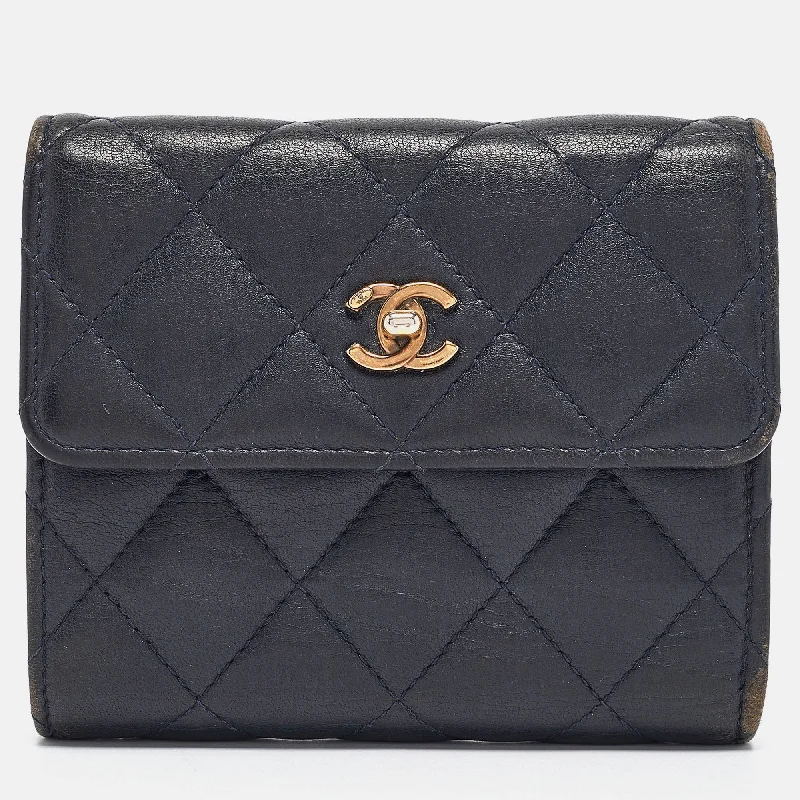 wallets for casual finish-Chanel Navy Blue Quilted Leather Cc Trifold Wallet