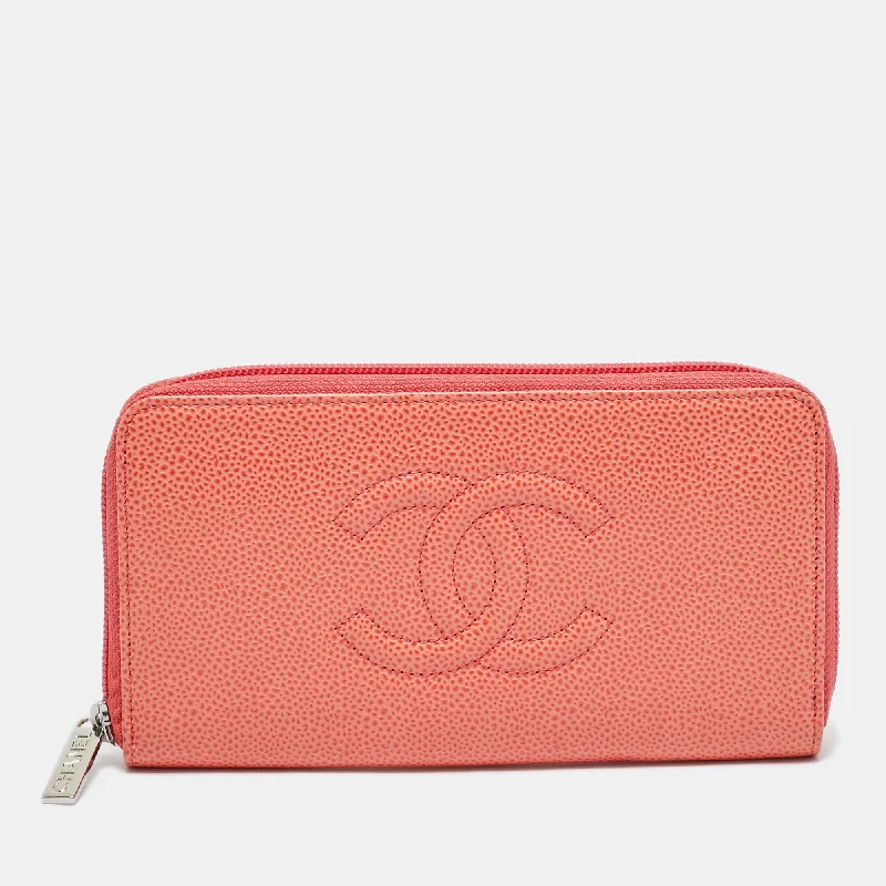 keychains for key management-Chanel Orange Caviar Leather Cc Zip Around Wallet