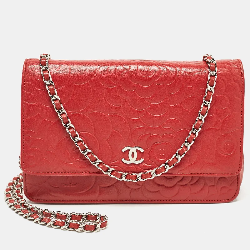 keychains for gift options-Chanel Red Leather Camellia Wallet On Chain