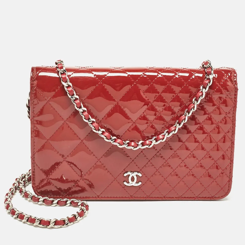 wallets for daily commute-Chanel Red Quilted Patent Leather Classic Wallet On Chain