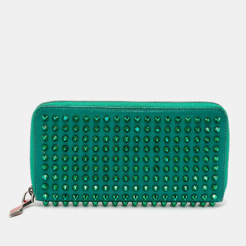 wallets with durable texture-Christian Louboutin Green Leather Spike Studded Zip Continental Wallet