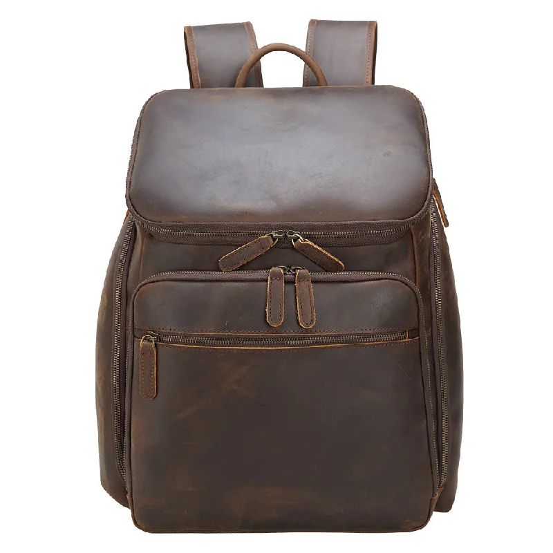 Backpacks with hidden storage-Dark Brown Genuine Leather Backpack Vintage (15.6 Inch Laptop)