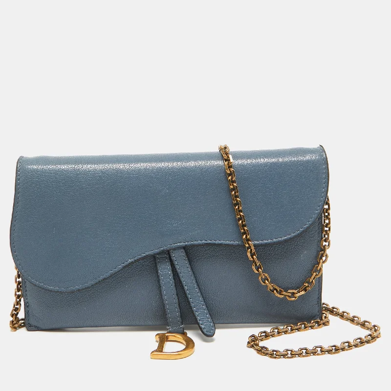 keychains with durable style-Dior Blue Leather Saddle Wallet On Chain