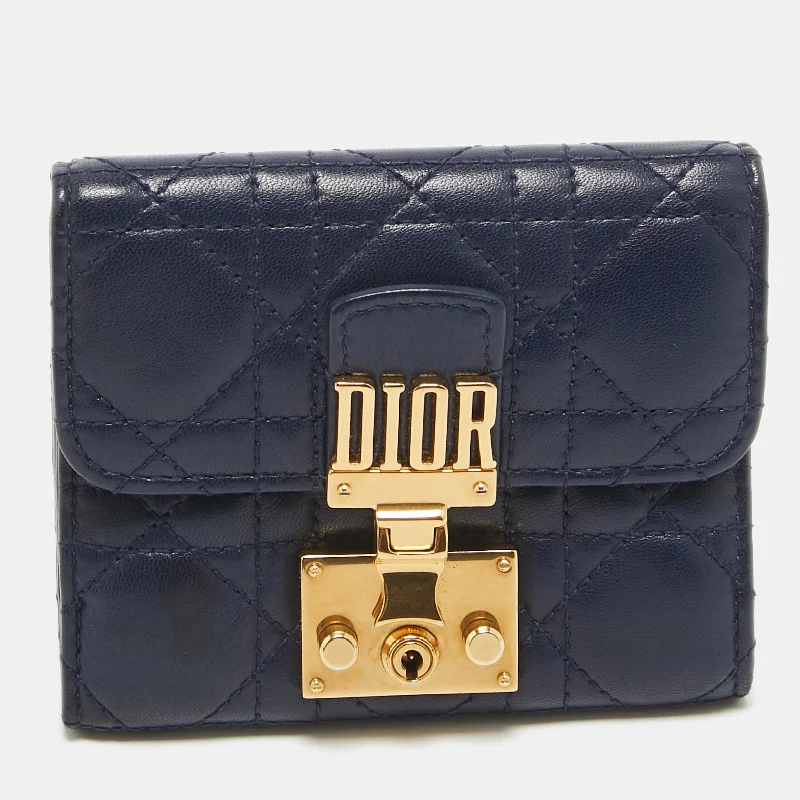 leather keychains for women-Dior Navy Blue Cannage Leather Dior Addict Compact Wallet