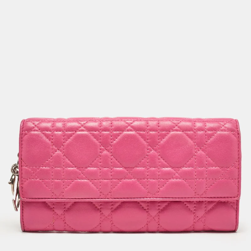 wallets with extra card slots-Dior Pink Cannage Leather Lady Dior Wallet On Chain