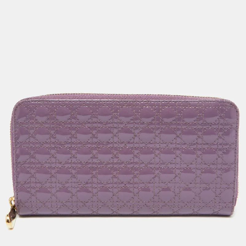 keychains with custom texture-Dior Purple Cannage Patent Leather Lady Dior Zip Around Wallet