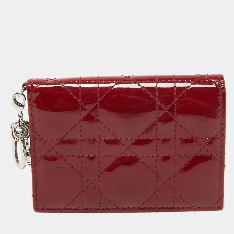 keychains with durable appeal-Dior Red Cannage Patent Leather Lady Dior Flap Card Holder