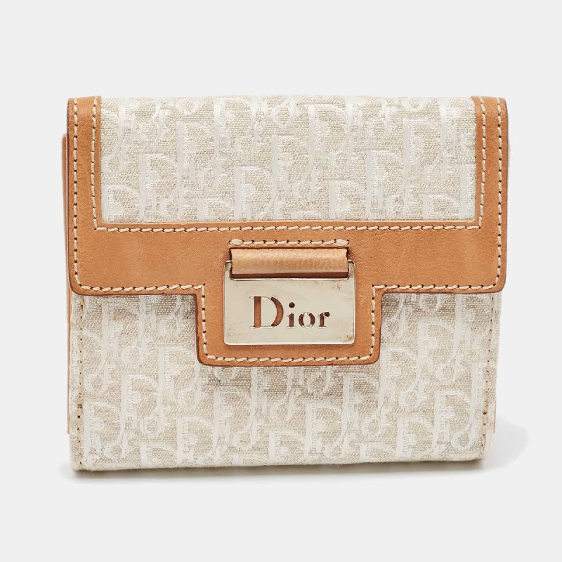 wallets with minimalist texture-Dior White/brown Oblique Canvas And Leather Street Chic Compact Wallet