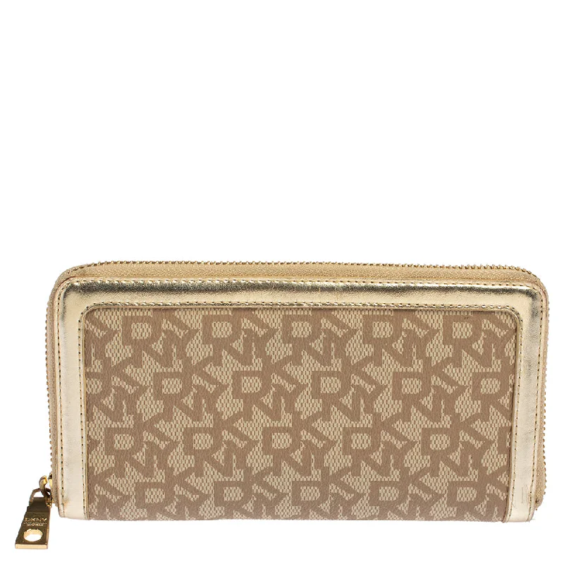 wallets for small purses-Dkny Beige Signature Coated Canvas And Leather Zip Around Wallet