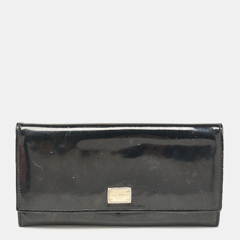 wallets for business cards-Dolce & Gabbana Black Patent Leather Logo Flap Continental Wallet