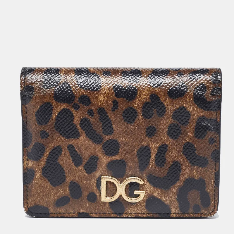 keychains with bold style-Dolce & Gabbana Brown Leopard Print Leather Dg Logo Compact Wallet