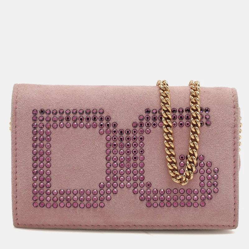 wallets with leather style-Dolce & Gabbana Lilac Suede Wallet On Chain