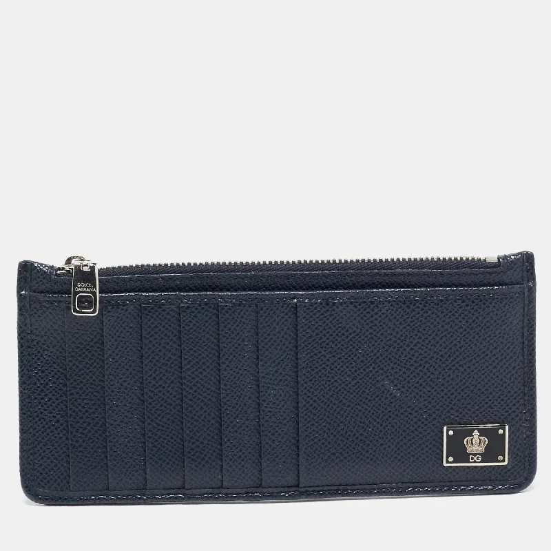 keychains with bold texture-Dolce & Gabbana Navy Blue Leather Vertical Zip Card Case