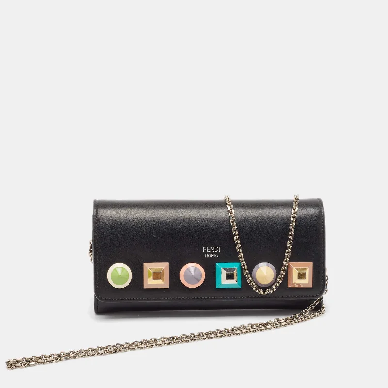 wallets with durable texture-Fendi Black Leather Rainbow Stud Flap Wallet On Chain