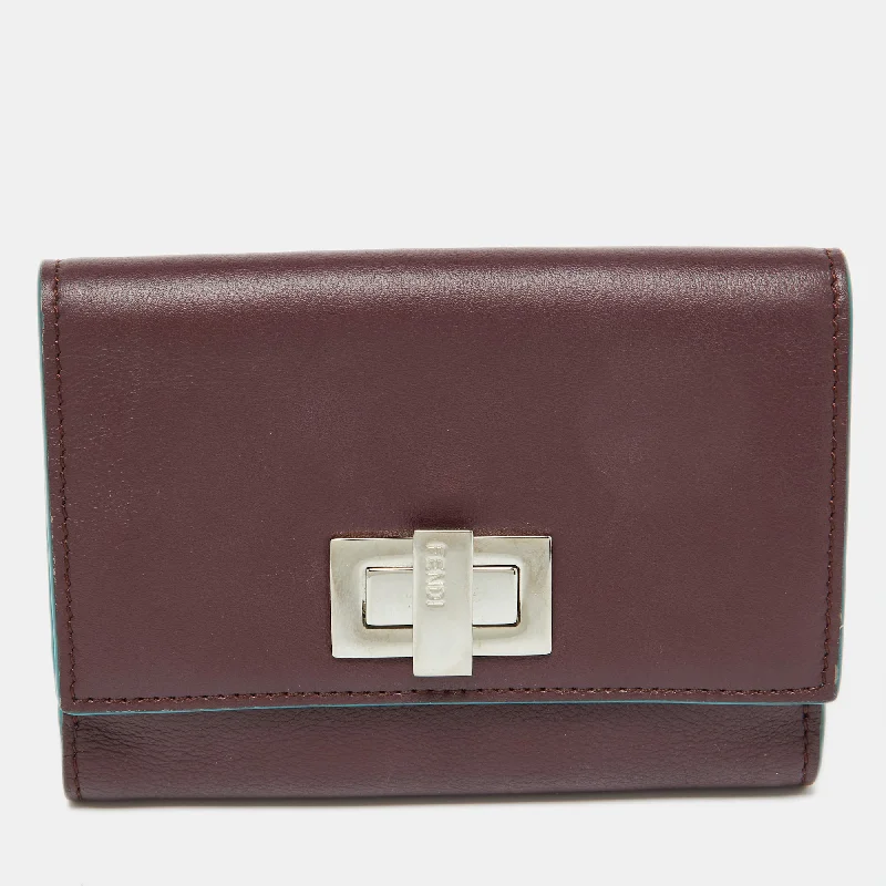 keychains with bold finish-Fendi Burgundy Leather Peekaboo Trifold Wallet