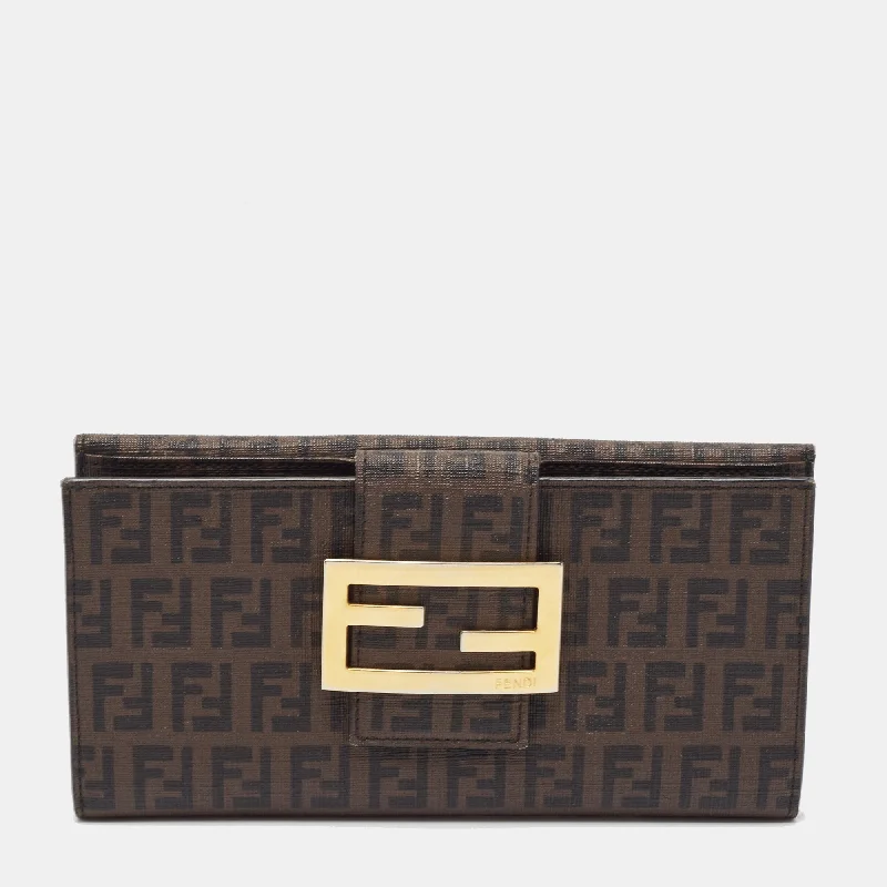 wallets with minimalist appeal-Fendi Dark Brown Zuchinno Coated Canvas Forever Flap Continental Wallet