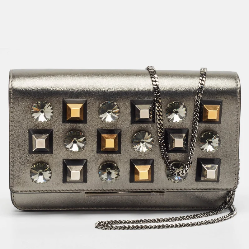 wallets with durable texture-Fendi Metallic Dark Grey Leather Crystal Stud Tube Wallet On Chain