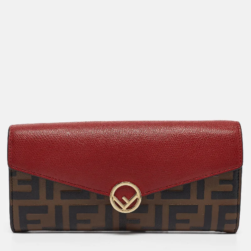 keychains for travel style-Fendi Red/brown Zucca Leather F Is Fendi Continental Wallet