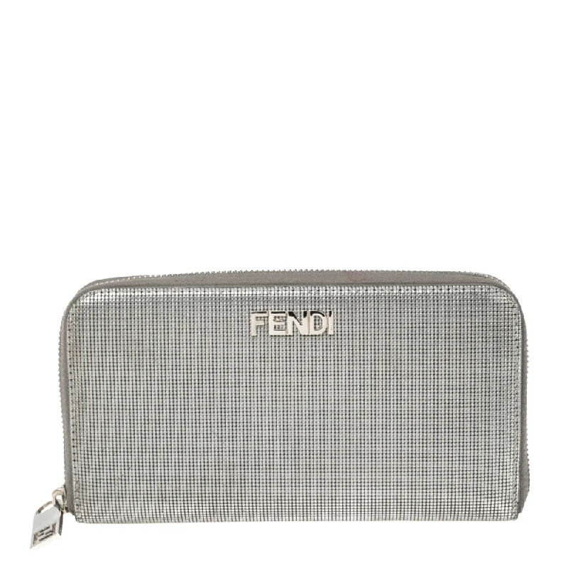 keychains with metal design-Fendi Silver Textured Leather Zip Around Continental Wallet