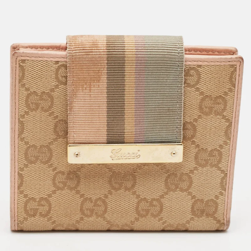 wallets with multiple compartments-Gucci Beige/pink Gg Canvas And Leather French Flap Wallet