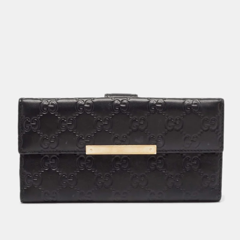 wallets for cash and cards-Gucci Black Guccissima Leather Metal Bar Continental Wallet