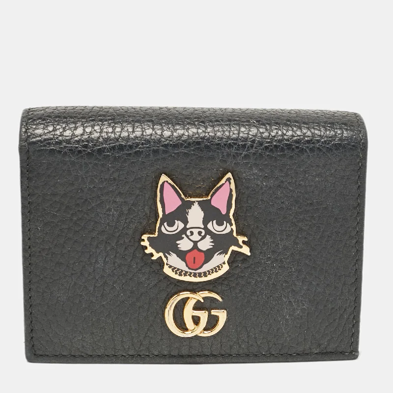 keychains with bottle opener-Gucci Black Leather Gg Marmont Bosco Card Case