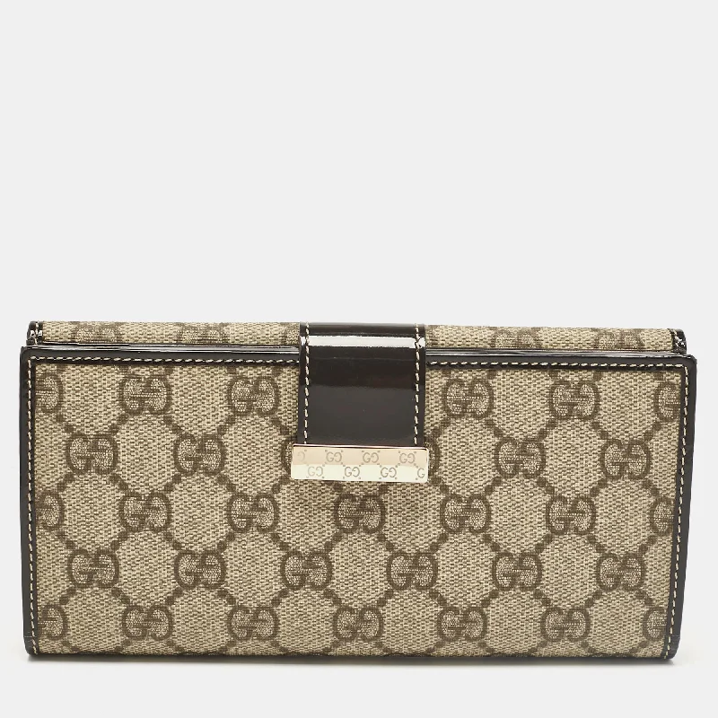 compact wallets for small bags-Gucci Brown/beige Gg Supreme Canvas And Patent Leather Metal Flap Continental Wallet