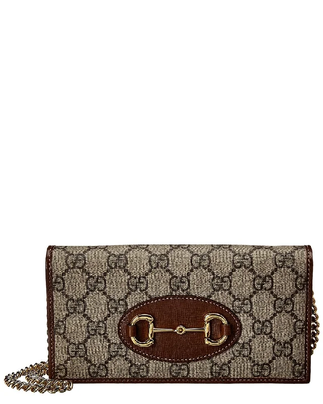 wallets with secure clasp-Gucci Horsebit 1955 GG Supreme Canvas & Leather Wallet On Chain, Brown