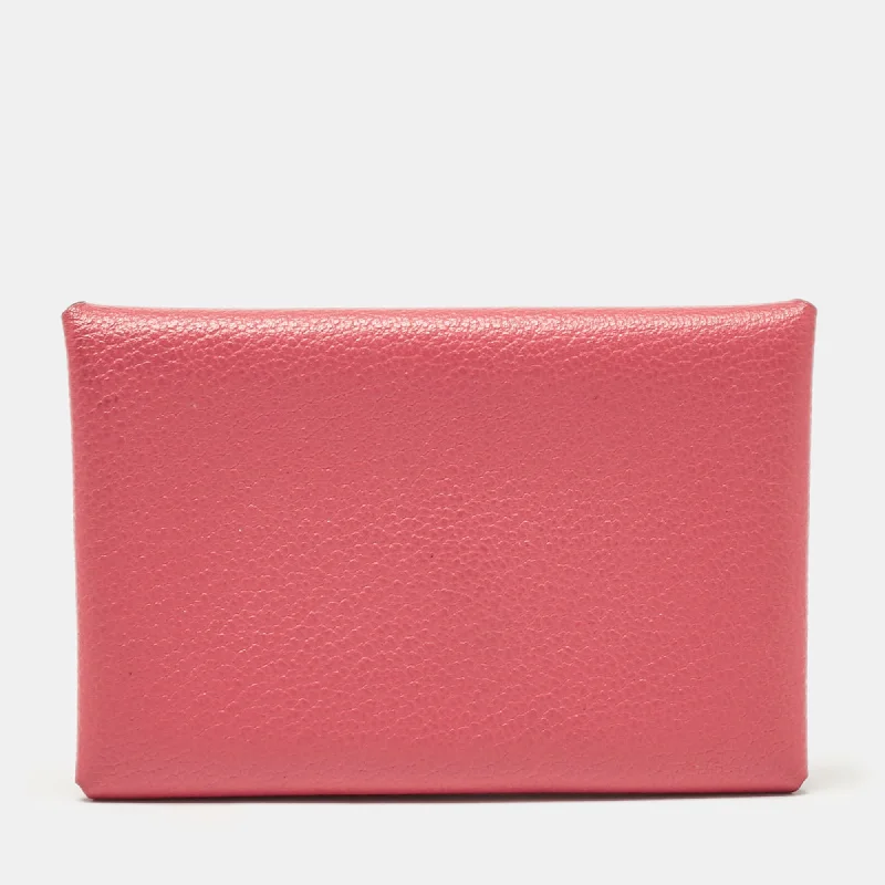 wallets with leather finish-Hermès Rose Azalee Chevre Mysore Leather Calvi Card Holder