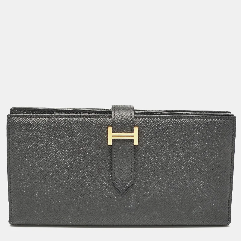 wallets with slim finish-Hermes Black Epsom Leather Gold Finish Bearn Wallet